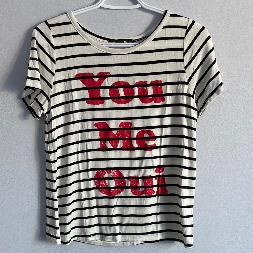 Sunset & Rose Black and White Striped T-Shirt with Red Text